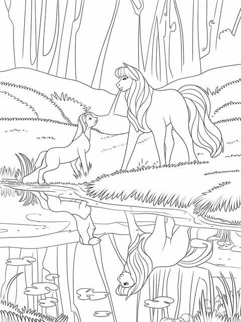 Aurora and a smaller horse-like figure looking at their reflection in water