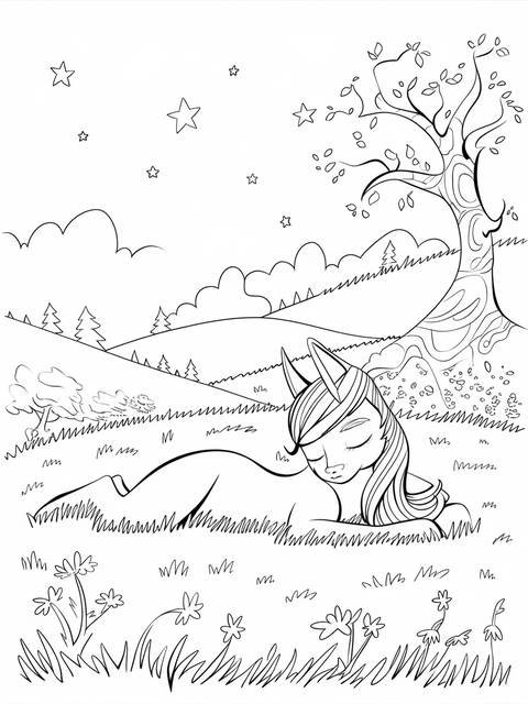 Aurora, a mythical creature, lying peacefully on a grassy meadow under a tree