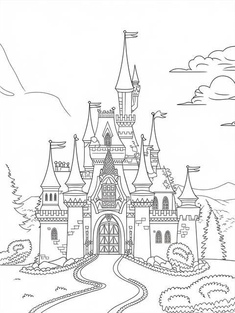 Line art of aurora's castle, complete with turrets and flags, ready for coloring