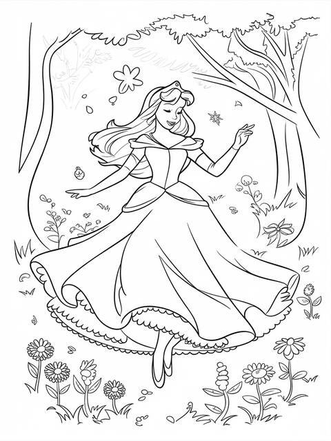 Aurora, the disney princess, in a coloring page illustration, surrounded by flowers