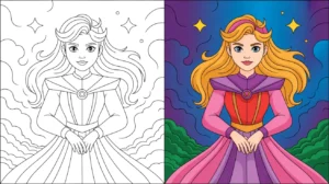 Aurora coloring page: a two-panel image of a princess, one colored