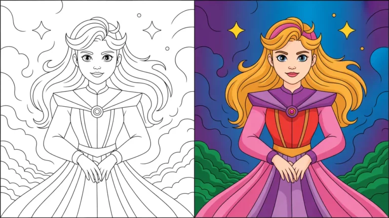 Aurora coloring page: a two-panel image of a princess, one colored