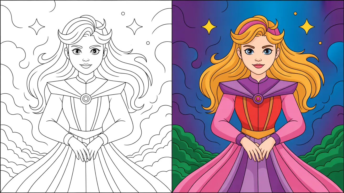 Aurora coloring page: a two-panel image of a princess, one colored