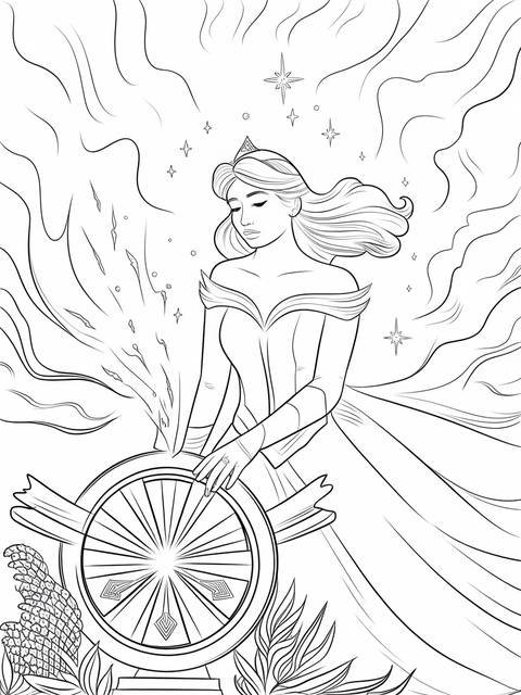 Line art coloring page of aurora, the sleeping beauty, with a wheel
