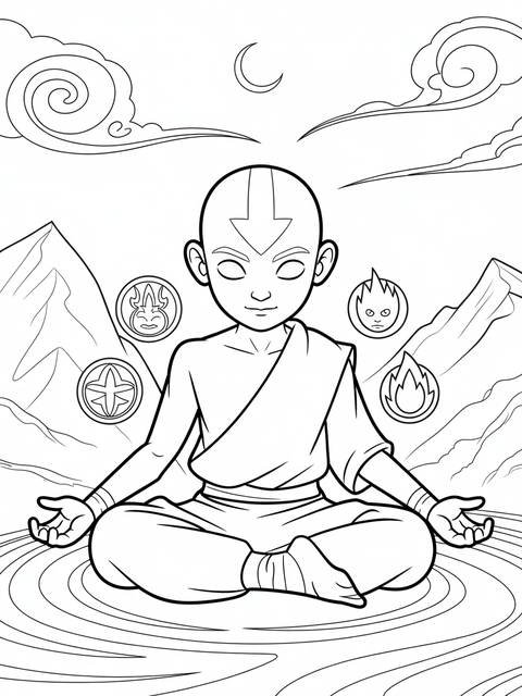 Black and white line art of the avatar meditating, from avatar coloring pages