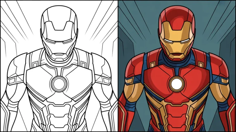 Iron man coloring page, a two-panel image featuring the avenger in color and outline