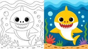 Baby shark coloring page, featuring a happy shark in an underwater scene