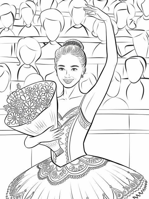 Ballerina holding a bouquet, raising arm, in front of an audience