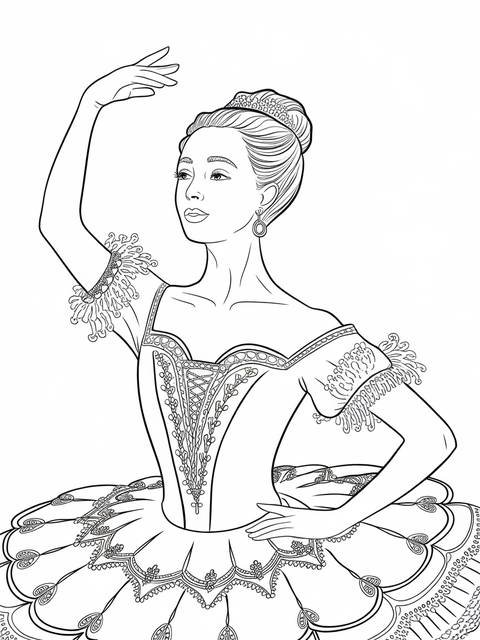 Line drawing of a ballerina in an elaborate costume, poised in dance