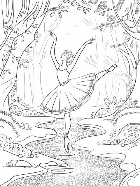 Line drawing of a ballerina performing a grand pose in a forest setting