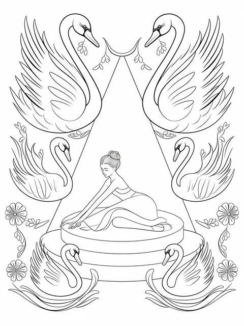 Ballerina resting on a stage surrounded by swans, a coloring page illustration