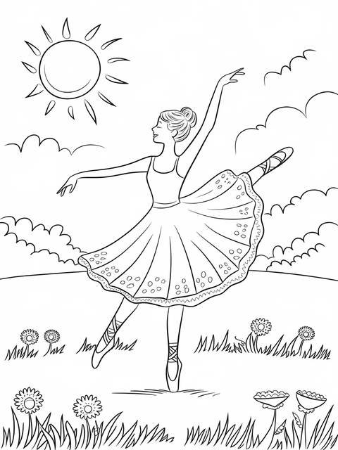 Ballerina in a tutu, dancing gracefully under the sun; a theme for coloring