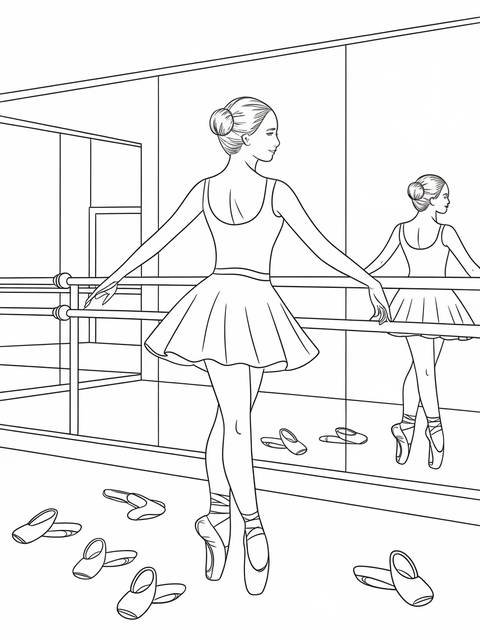 Ballerina in a ballet studio scene, posing near a barre, with ballet shoes