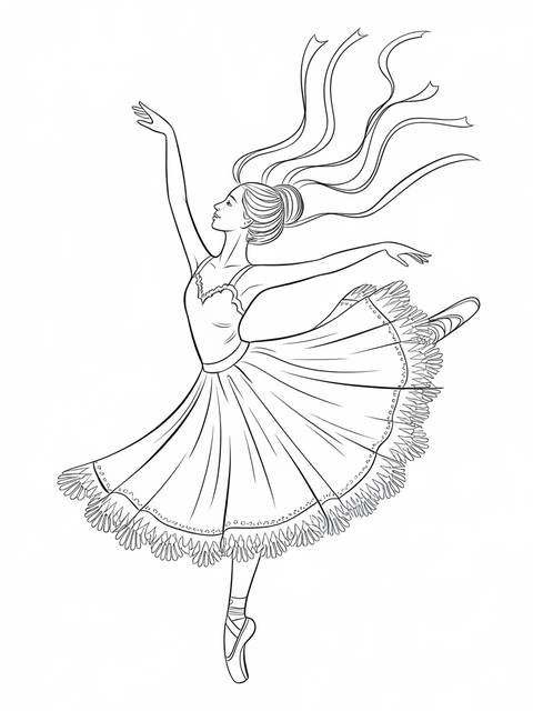 A graceful ballerina in mid-air, captured in a black and white line drawing
