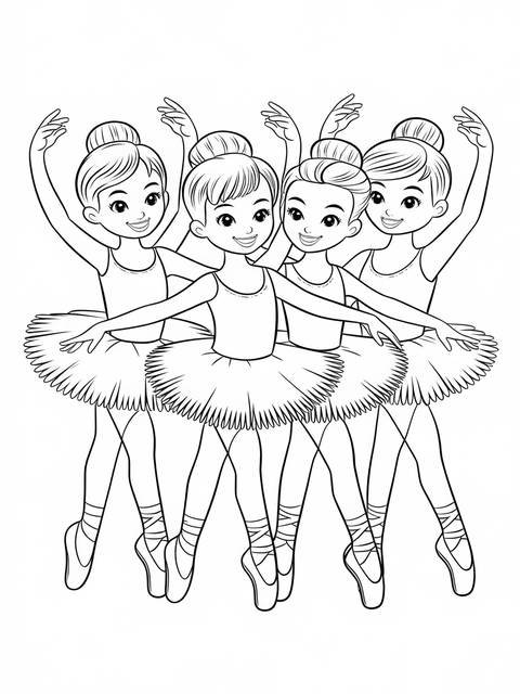 Line art of a group of young ballerinas in tutus, arms raised gracefully