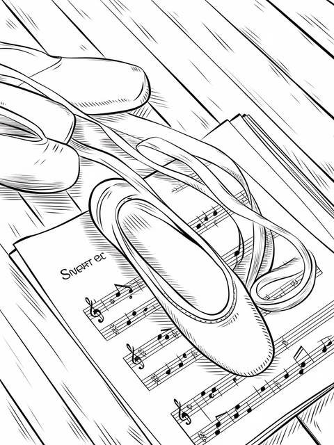 Ballerina's pointe shoes rest on sheet music, a nostalgic scene, ready for coloring