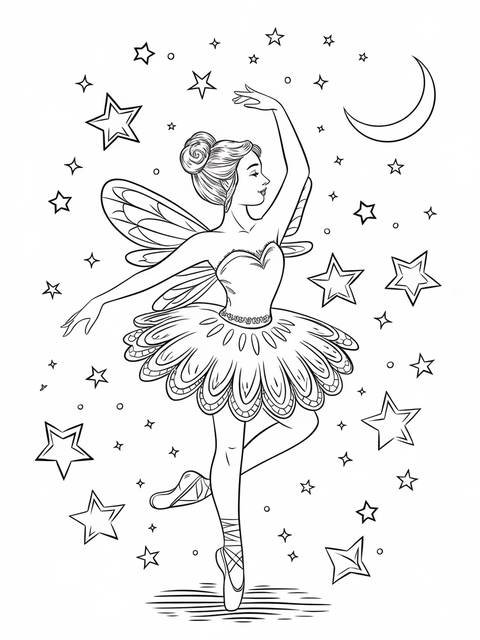 Ethereal fairy ballerina in a tutu with stars and a crescent moon, coloring page