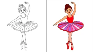 Ballerina coloring page: a two-panel image of a ballerina in a tutu