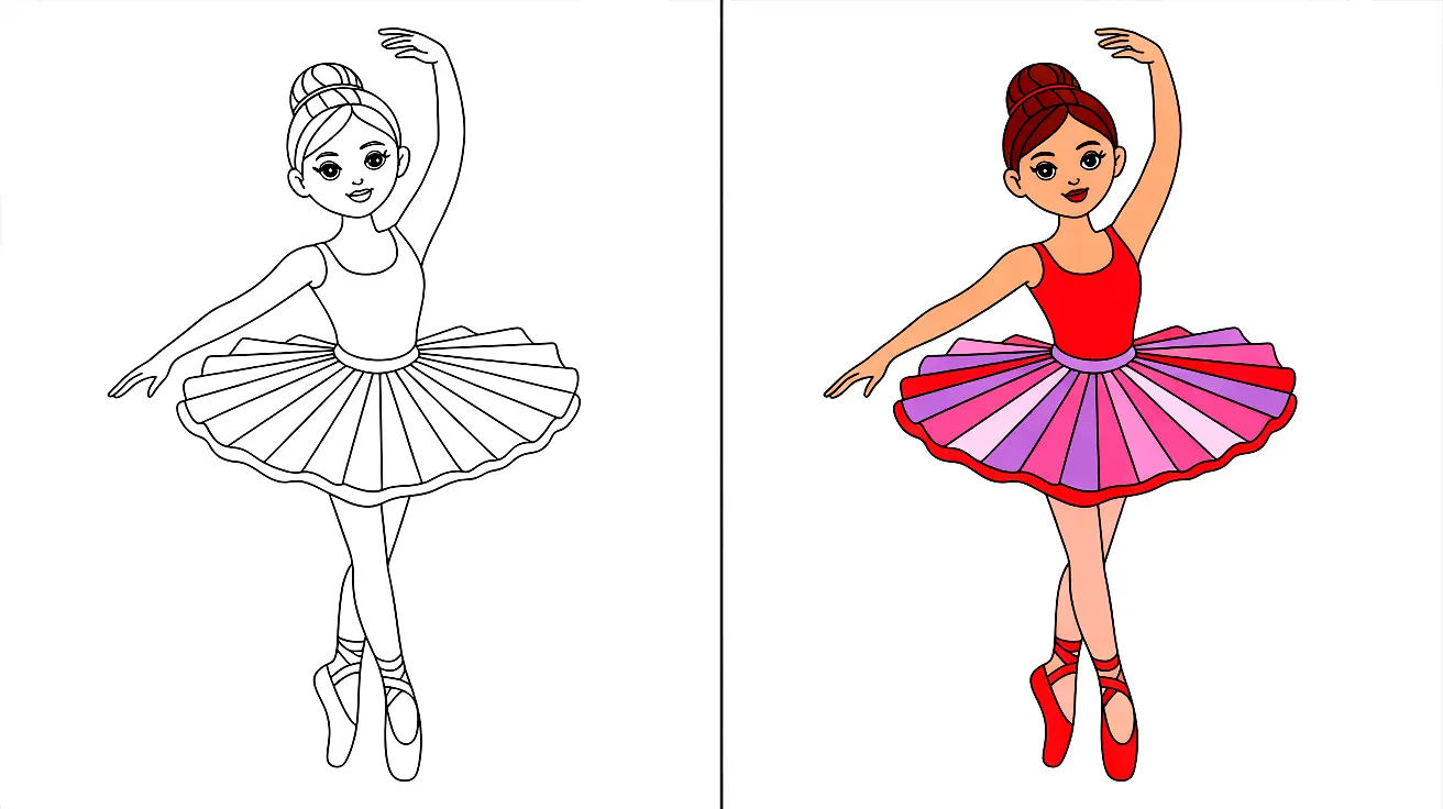 Ballerina coloring page: a two-panel image of a ballerina in a tutu