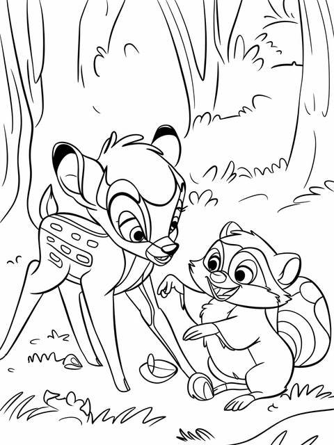 Bambi encountering a mischievous raccoon in a black and white coloring page
