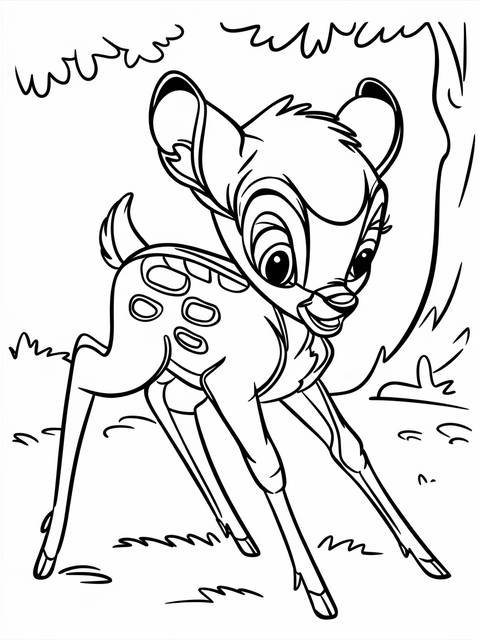 Line art of bambi, learning to walk, from the bambi movie cover