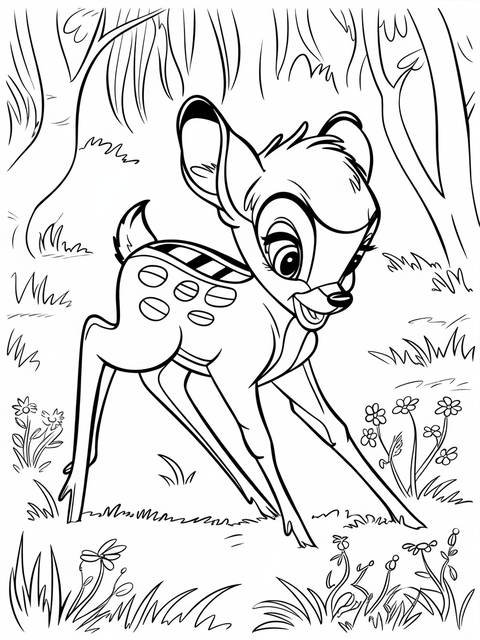 Bambi, the deer, playfully frolicking in a forest coloring page illustration