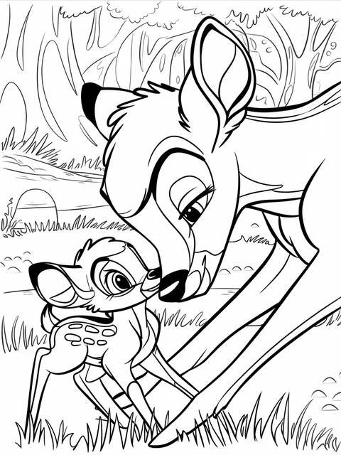 Bambi and his mother nuzzle in a heartwarming moment, a coloring page scene