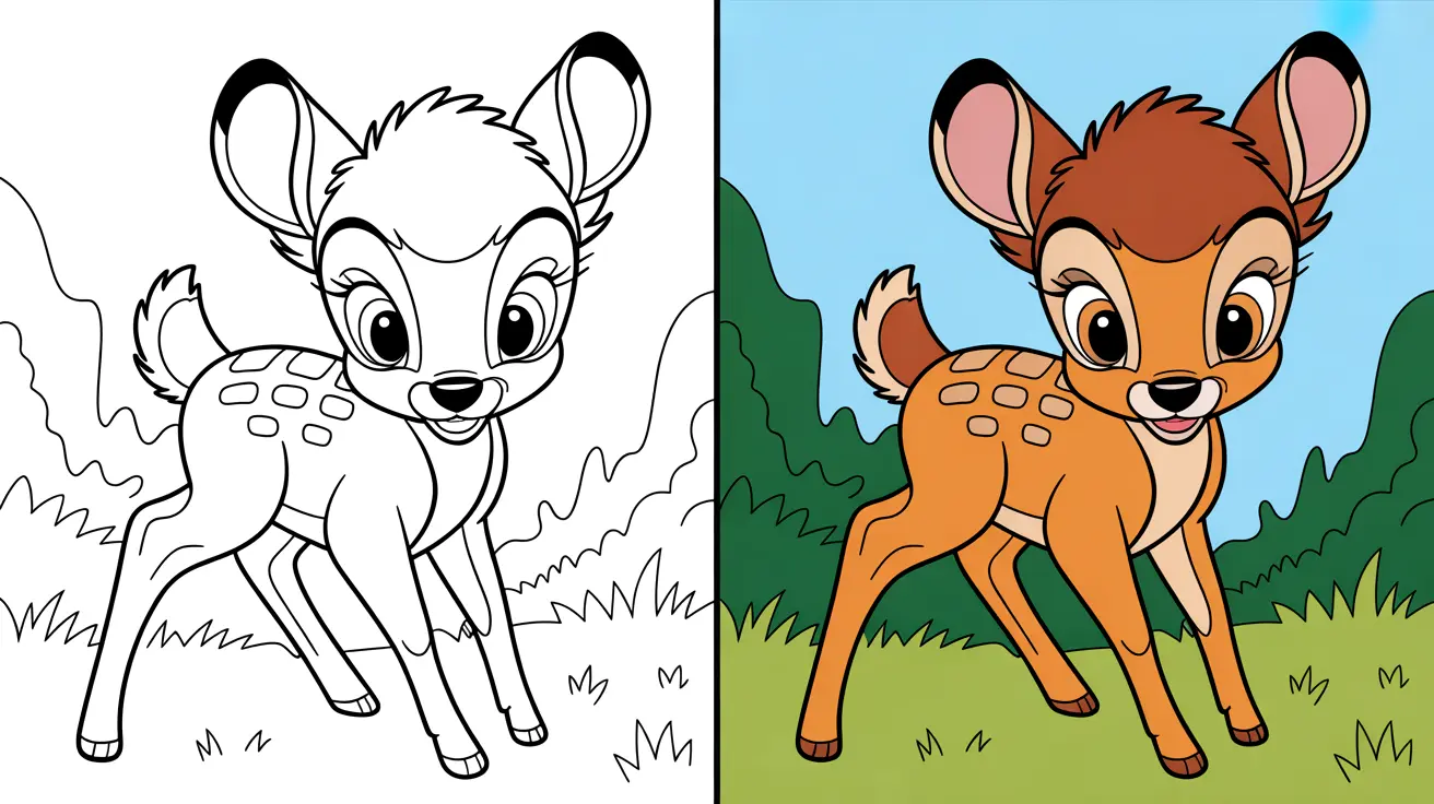 Bambi coloring page: a two-panel image of the disney fawn, one colored