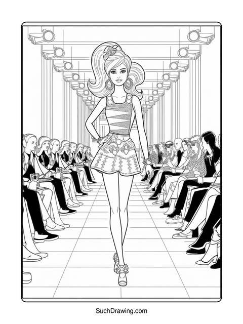 A fashion model walks the runway in front of an audience