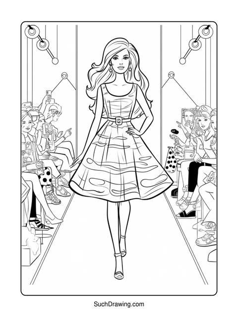 Line art of a woman on a fashion runway with an audience