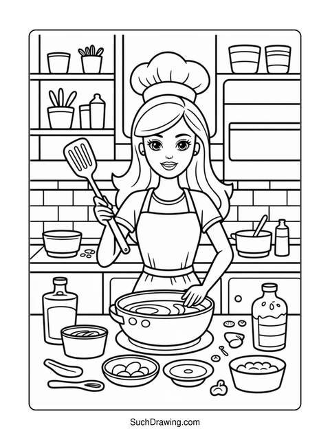 A woman in a chef's hat cooking in a kitchen, holding a spatula