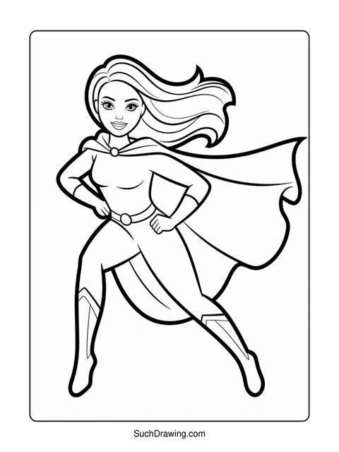 Line art of a superheroine with flowing hair and cape, striking a pose