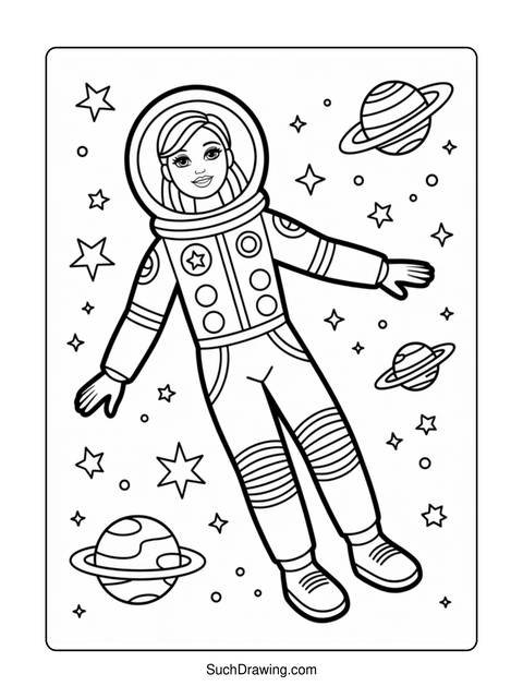 A coloring page of an astronaut floating in space with planets and stars