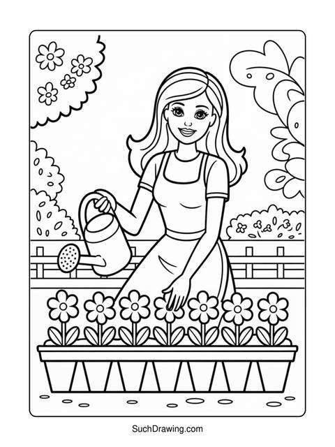 Line art of a woman watering flowers in a garden