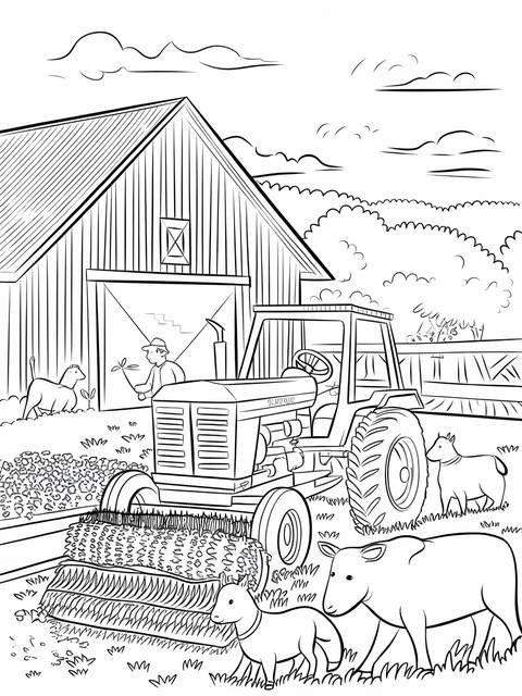Barnyard scene coloring page featuring a farmer, tractor, and various farm animals