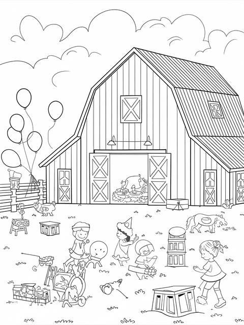 Black and white coloring page of a children's birthday party at a barn