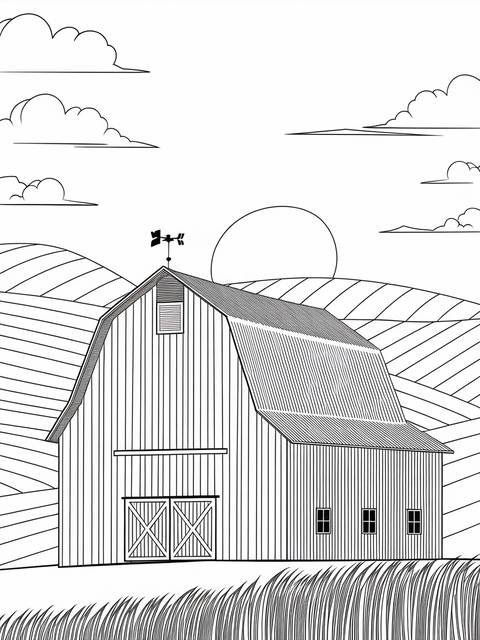 Line art of a classic red barn with weather vane and rolling hills
