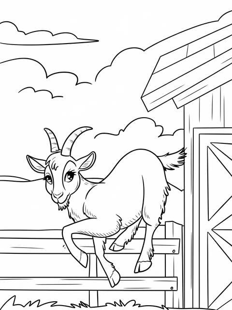 Barn scene with a playful goat climbing on top of a fence