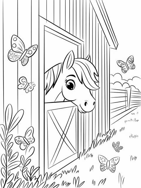 A pony sticking its head out of a barn, surrounded by butterflies and grass