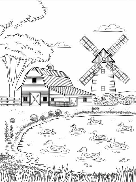 A serene scene with a barn, windmill, ducks, and wind; a black and white coloring page