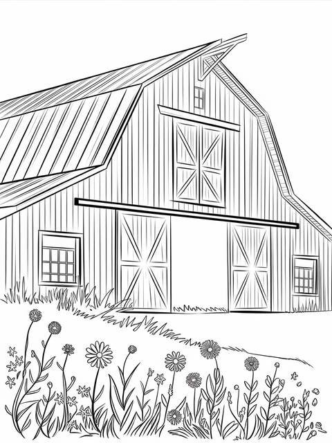 Line drawing of an old-fashioned barn with large doors and a flower-filled foreground