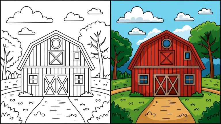 Two-panel image of a barn coloring page, one colored, one black and white