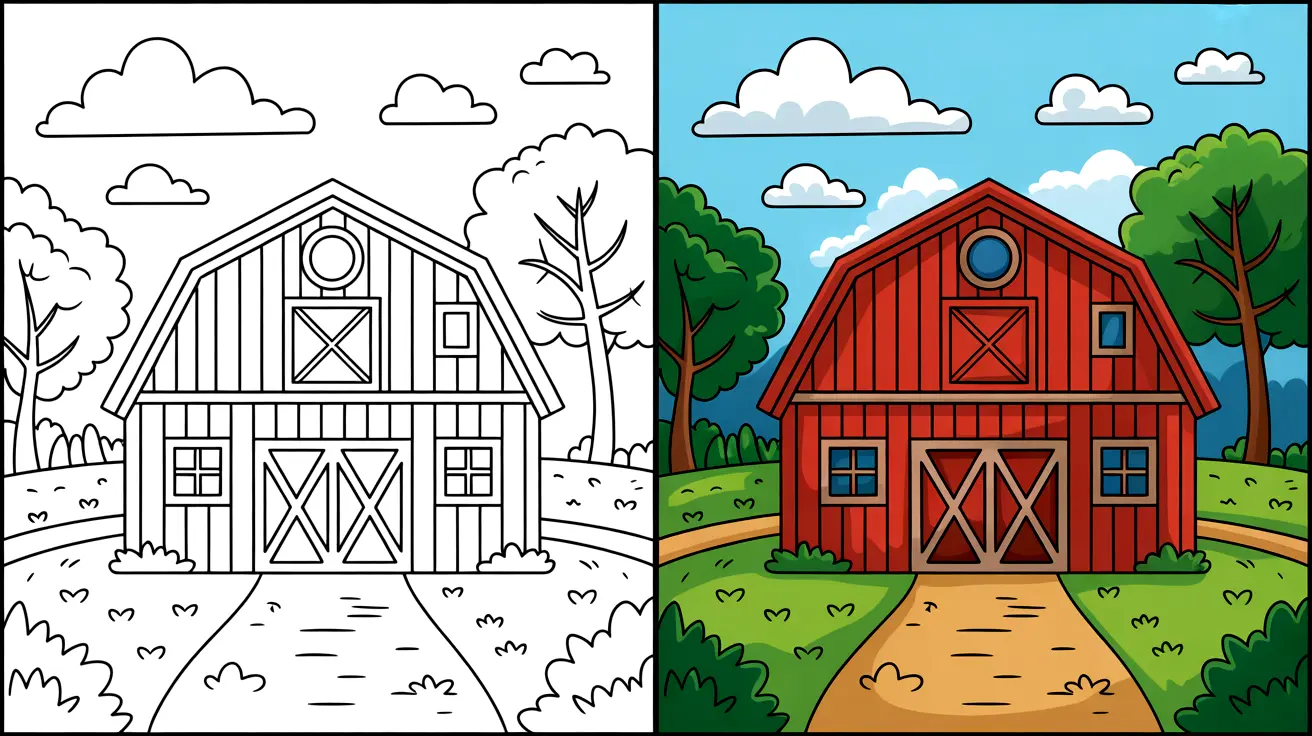 Two-panel image of a barn coloring page, one colored, one black and white
