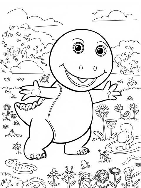 Line art of barney, the beloved dinosaur, smiling with open arms in a garden