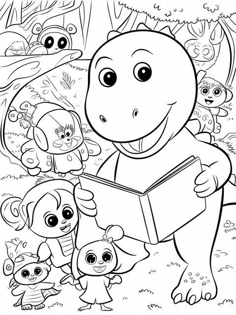 Barney the cheerful dinosaur reading a book with friends, a coloring page