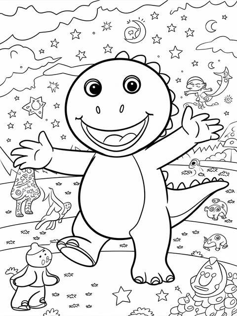 Coloring page of barney the dinosaur, smiling and waving, surrounded by stars and creatures