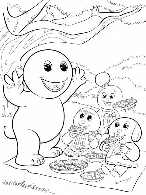 Barney and friends enjoying a picnic; a coloring page featuring the endearing character