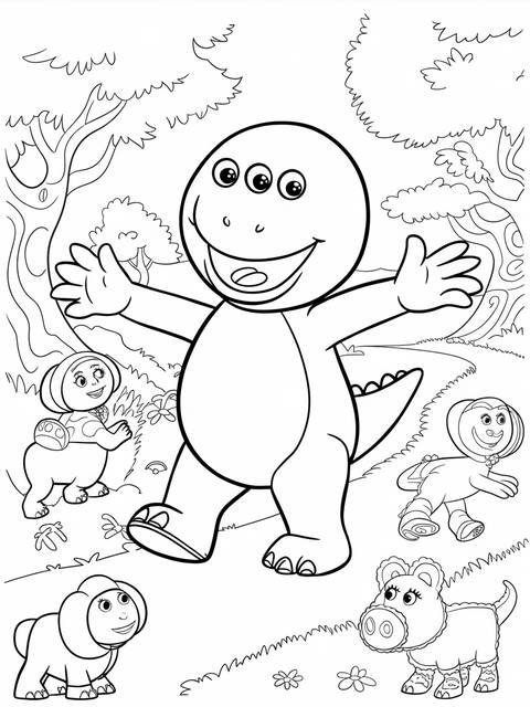 Barney the friendly dinosaur from a coloring page, with other cartoon characters