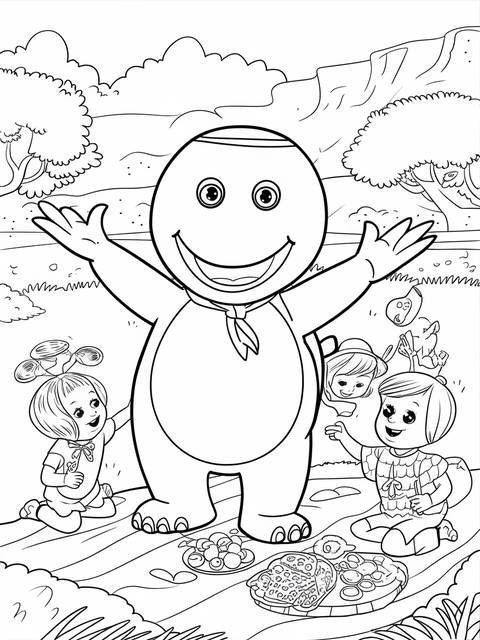 Coloring page featuring barney the friendly purple dinosaur with children and food