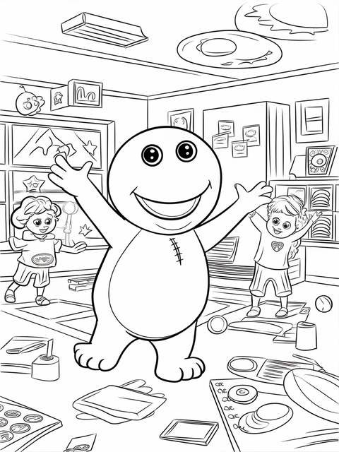 Barney the iconic character with children, a coloring page from the cover